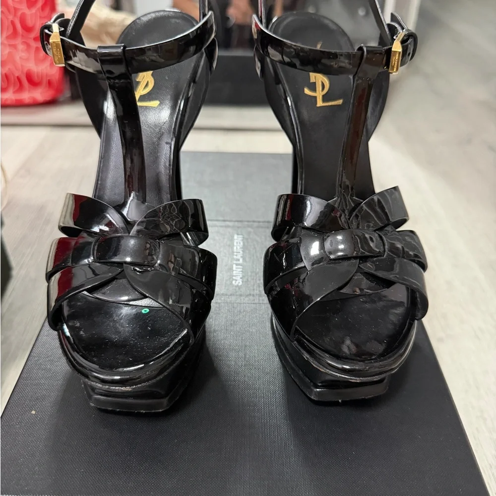Saint Laurent Black Patent Leather Platform Sandals with Gold Logos